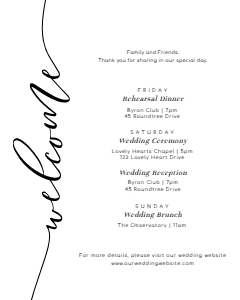 LUC-WHT-2-B786 - LUCAS SCRIPT - WHITE - WELCOME CARD - 8" x 10": LUC-WHT-2-B787 - LUCAS SCRIPT - WHITE - ITINERARY, WELCOME CARD AND TAG BUNDLE