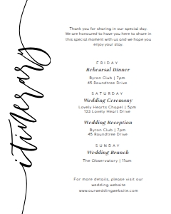LUC-WHT-2-B785 - LUCAS SCRIPT - WHITE - ITINERARY CARD - 8" x 10": LUC-WHT-2-B787 - LUCAS SCRIPT - WHITE - ITINERARY, WELCOME CARD AND TAG BUNDLE