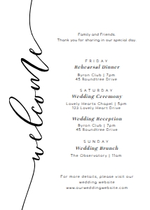 LUC-WHT-2-B786 - LUCAS SCRIPT - WHITE - WELCOME CARD - 5" x 7": LUC-WHT-2-B787 - LUCAS SCRIPT - WHITE - ITINERARY, WELCOME CARD AND TAG BUNDLE