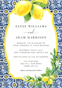 POS-BLY-1-B035 - POSITANO BLUE TILE - LEMONS - WEDDING INVITATION - A6: POS-BLY-1-B039 - POSITANO BLUE TILE - LEMONS - WEDDING INVITATION SUITE