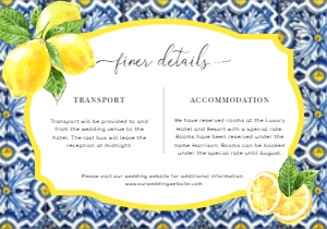 POS-BLY-2-B038 - POSITANO BLUE TILE - LEMONS - RECEPTION CARD - 3.5" x 5": POS-BLY-1-B039 - POSITANO BLUE TILE - LEMONS - WEDDING INVITATION SUITE