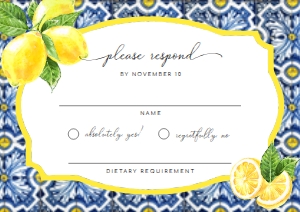 POS-BLY-2-B037 - POSITANO BLUE TILE - LEMONS - RSVP CARD - A7: POS-BLY-1-B039 - POSITANO BLUE TILE - LEMONS - WEDDING INVITATION SUITE