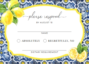 POS-BLY-2-B037 - POSITANO BLUE TILE - LEMONS - RSVP CARD - 5.5" x 4": POS-BLY-1-B039 - POSITANO BLUE TILE - LEMONS - WEDDING INVITATION SUITE