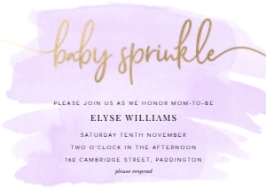 WAT-PUR-1-B257 - WATERCOLOUR PURPLE - GOLD - BABY SPRINKLE INVITATION - 5" x 7": WAT-PUR-1-B257 - WATERCOLOUR PURPLE - GOLD - BABY SPRINKLE INVITATION