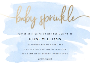 WAT-BLU-1-B257 - WATERCOLOUR BLUE - GOLD FOIL - BABY SPRINKLE INVITATION - A6: WAT-BLU-1-B257 - WATERCOLOUR BLUE - GOLD FOIL - BABY SPRINKLE INVITATION