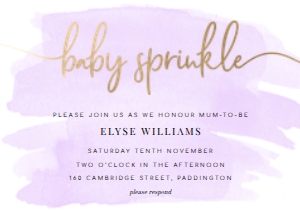 WAT-PUR-1-B257 - WATERCOLOUR PURPLE - GOLD - BABY SPRINKLE INVITATION - A6: WAT-PUR-1-B257 - WATERCOLOUR PURPLE - GOLD - BABY SPRINKLE INVITATION