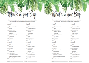 NAN-GRE-10-B884 - NANTUCKET PALM - GREEN - WHAT'S IN YOUR BAG GAME - A4: NAN-GRE-10-B1045 - NANTUCKET PALM - GREEN - BRIDAL SHOWER GAMES BUNDLE