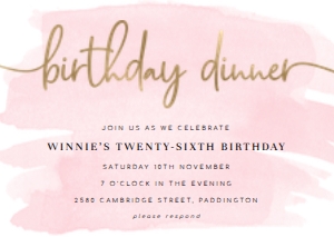 WAT-PNK-1-B117 - WATERCOLOUR PINK - GOLD - BIRTHDAY DINNER INVITATION - A6: WAT-PNK-1-B117 - WATERCOLOUR PINK - GOLD- BIRTHDAY DINNER INVITATION