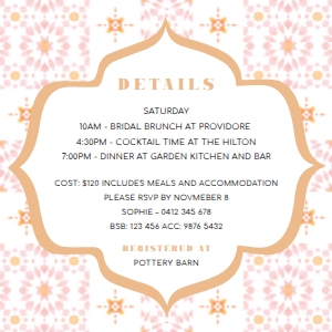 DDF-PNK-2-B941 - DESERT DREAM - PINK TILE - DETAILS CARD - 4" x 4": DDF-PNK-1-B943 - DESERT DREAM - PINK TILE - BACHELORETTE WEEKEND INVITATION SUITE