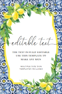 POS-BLY-7-B012 - POSITANO BLUE TILE LEMONS - CUSTOM TEXT SIGN - 24" x 36": POS-BLY-7-B012-POSITANO BLUE TILE LEMONS - CUSTOM TEXT SIGN