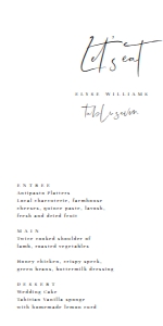 GIG-WHT-12-B994 - GIGI SCRIPT - WHITE - MENU - 4" x 8": GIG-WHT-12-B994 - GIGI SCRIPT - WHITE - MENU