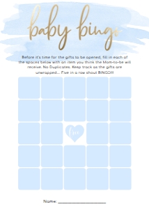 WAT-BLU-10-B451 - WATERCOLOUR BLUE - GOLD FOIL - BABY SHOWER BINGO 25 SQUARE GAME - 5" x 7": WAT-BLU-10-B598 - WATERCOLOUR BLUE - GOLD - BABY SHOWER GAMES BUNDLE