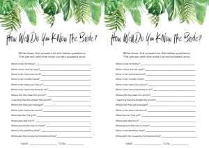 NAN-GRE-10-B1040 - NANTUCKET PALM - GREEN - KNOW THE BRIDE GAMES - A4: NAN-GRE-10-B1045 - NANTUCKET PALM - GREEN - BRIDAL SHOWER GAMES BUNDLE