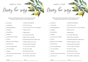 TUL-WHT-10-B1081 - TUSCAN LEMONS - WHITE - DISNEY LOVE SONGS GAME - A4: TUL-YEL-10-B1242 - TUSCAN LEMONS - YELLOW - BRIDAL SHOWER GAMES BUNDLE