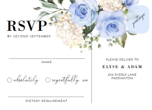 DAR-BLU-2-B170 - DARCY FLORAL - BLUE - RSVP POSTCARD - 5.5" x 4": DAR-BLU-1-B171 - DARCY FLORAL - BLUE - WEDDING INVITATION SUITE