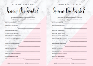 MAB-PNK-10-B1126 - MARBLE - PINK - KNOW THE BRIDE GAME - LETTER: MAB-PNK-10-B1141 - MARBLE - PINK - BRIDAL SHOWER GAMES BUNDLE
