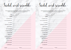 MAB-PNK-10-B1129 - MARBLE - PINK - BRIDAL SHOWER WORD SCRAMBLE GAME - A4: MAB-PNK-10-B1141 - MARBLE - PINK - BRIDAL SHOWER GAMES BUNDLE