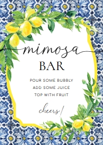POS-BLY-7-B1207 - POSITANO BLUE TILE - LEMONS - MIMOSA BAR SIGN - A4: POS-BLY-7-B1209 - POSITANO BLUE TILE - LEMONS - MIMOSA BAR SIGN AND JUICE TAGS BUNDLE