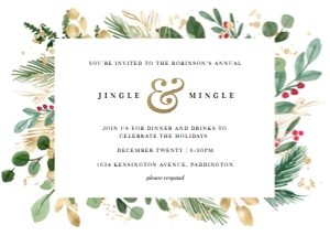 MER-WHT-1-B1263 - MERRIMENT CHRISTMAS - WHITE - JINGLE AND MINGLE INVITATION - 5" x 7": MER-WHT-1-B1263 - MERRIMENT CHRISTMAS - WHITE - JINGLE AND MINGLE INVITATION
