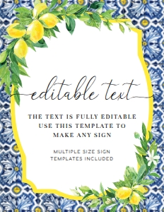 POS-BLY-7-B012-POSITANO BLUE TILE LEMONS - CUSTOM TEXT SIGN - 8.5" x 11": POS-BLY-7-B012-POSITANO BLUE TILE LEMONS - CUSTOM TEXT SIGN