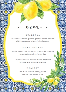 POS-BLY-12-B024 - POSITANO BLUE TILE - LEMONS - MENU - A6: POS-BLY-12-B024 - POSITANO BLUE TILE - LEMONS - MENU