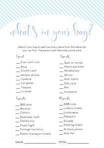 STR-BLU-10-B1247 - STRIPE - BLUE - WHATS IN YOUR BAG GAME - 3.5" x 5": STR-BLU-10-B1256 - STRIPE - BLUE - BABY SHOWER GAME BUNDLE