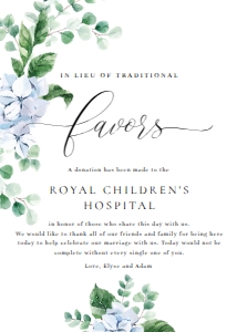 FER-BLU-7-B1307 - FERRAS BLOSSOM - BLUE - IN LIEU OF FAVOURS SIGN - 5" x 7": FER-BLU-7-B1307 - FERRAS BLOSSOM - BLUE - IN LIEU OF FAVOURS SIGN