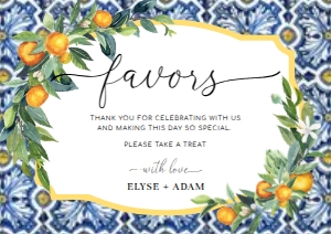 POS-BLO-7-B1312 - POSITANO BLUE TILE - ORANGE - FAVOUR SIGN - LANDSCAPE - A4: POS-BLO-7-B1312 - POSITANO BLUE TILE - ORANGE - FAVOUR SIGN