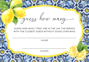 POS-BLY-10-B1329 - POSITANO BLUE TILE - LEMONS - GUESS HOW MANY KISSES CARD - 3.5" x 5": POS-BLY-10-B2115 - POSITANO BLUE TILE - LEMONS - HOW MANY LEMON DROPS SIGN AND CARD BUNDLE