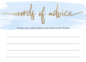 WAT-BLU-10-B192 - WATERCOLOUR BLUE - GOLD FOIL - WORDS OF ADVICE CARD - 5.5" x 4": WAT-BLU-10-B598 - WATERCOLOUR BLUE - GOLD - BABY SHOWER GAMES BUNDLE