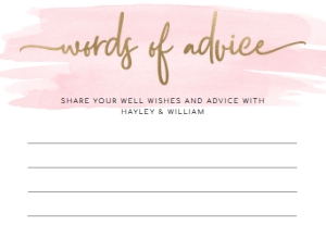 WAT-PNK-10-B192 - WATERCOLOUR PINK - GOLD FOIL - WORDS OF ADVICE CARD - 5.5" x 4": WAT-PNK-10-B593 - WATERCOLOUR PINK - GOLD FOIL - BRIDAL SHOWER GAMES BUNDLE