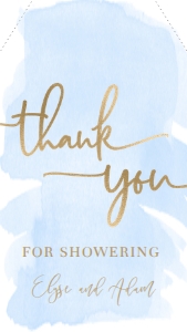 WAT-BLU-6-B329 - WATERCOLOUR BLUE - GOLD FOIL - THANK YOU FAVOUR TAGS - 8cm x 4.5cm: WAT-BLU-10-B598 - WATERCOLOUR BLUE - GOLD - BABY SHOWER GAMES BUNDLE