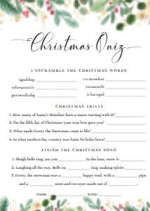 MER-WHT-10-B1393 - MERRIMENT CHRISTMAS - WHITE - CHRISTMAS QUIZ GAME - 5" x 7": MER-WHT-10-B1393 - MERIMENT CHRISTMAS - WHITE - CHRISTMAS QUIZ GAME
