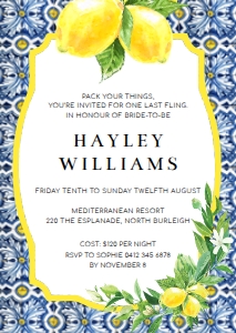 POS-BLY-1-B262 - POSITANO BLUE TILE - YELLOW - BACHELORETTE WEEKEND INVITATION - A6: POS-BLY-1-B265 - POSITANO BLUE TILE - LEMONS - BACHELORETTE WEEKEND INVITATION SUITE