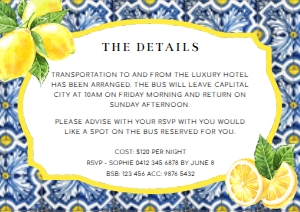 POS-BLY-2-B264 - POSITANO BLUE TILE - LEMONS - DETAILS CARD - A7: POS-BLY-1-B265 - POSITANO BLUE TILE - LEMONS - BACHELORETTE WEEKEND INVITATION SUITE