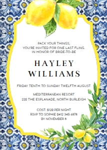 POS-BLY-1-B262 - POSITANO BLUE TILE - YELLOW - BACHELORETTE WEEKEND INVITATION - 5" x 7": POS-BLY-1-B265 - POSITANO BLUE TILE - LEMONS - BACHELORETTE WEEKEND INVITATION SUITE