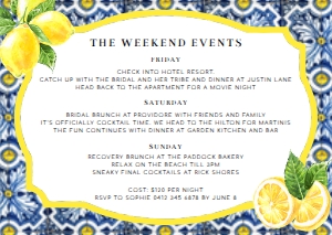 POS-BLY-2-B263 - POSITANO BLUE TILE - LEMONS - ITINERARY - A6: POS-BLY-1-B265 - POSITANO BLUE TILE - LEMONS - BACHELORETTE WEEKEND INVITATION SUITE