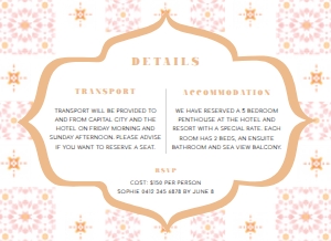 DDF-PNK-2-B941 - DESERT DREAM - PINK TILE - DETAILS CARD - 5.5" x 4": DDF-PNK-1-B943 - DESERT DREAM - PINK TILE - BACHELORETTE WEEKEND INVITATION SUITE