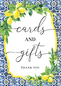 POS-BLY-7-B1473 - POSITANO BLUE TILE - LEMONS - CARDS AND GIFTS SIGN - 5" x 7": POS-BLY-7-B1473 - POSITANO BLUE TILE - LEMONS - CARDS AND GIFTS SIGN