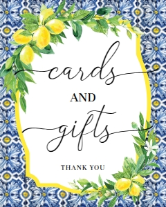 POS-BLY-7-B1473 - POSITANO BLUE TILE - LEMONS - CARDS AND GIFTS SIGN - 8" x 10": POS-BLY-7-B1473 - POSITANO BLUE TILE - LEMONS - CARDS AND GIFTS SIGN