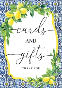 POS-BLY-7-B1473 - POSITANO BLUE TILE - LEMONS - CARDS AND GIFTS SIGN - A4: POS-BLY-7-B1473 - POSITANO BLUE TILE - LEMONS - CARDS AND GIFTS SIGN
