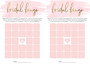 WAT-PNK-10-B592 - WATERCOLOUR PINK - GOLD FOIL - BRIDAL BINGO 25 SQUARE GAME - LETTER: WAT-PNK-10-B593 - WATERCOLOUR PINK - GOLD FOIL - BRIDAL SHOWER GAMES BUNDLE