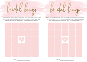 WAT-PNK-10-B592 - WATERCOLOUR PINK - GOLD FOIL - BRIDAL BINGO 25 SQUARE GAME - A4: WAT-PNK-10-B593 - WATERCOLOUR PINK - GOLD FOIL - BRIDAL SHOWER GAMES BUNDLE