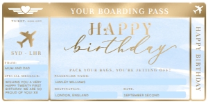WAT-BLU-14-B1488 - WATERCOLOUR BLUE - GOLD - HAPPY BIRTHDAY BOARDING PASS - 4" x 8": WAT-BLU-14-B1488 - WATERCOLOUR BLUE - GOLD - HAPPY BIRTHDAY BOARDING PASS