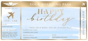 WAT-BLU-14-B1488 - WATERCOLOUR BLUE - GOLD - HAPPY BIRTHDAY BOARDING PASS - DL: WAT-BLU-14-B1488 - WATERCOLOUR BLUE - GOLD - HAPPY BIRTHDAY BOARDING PASS
