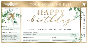 FER-GRE-14-B1494 - FERRAS BLOSSOM - GREENERY - HAPPY BIRTHDAY BOARDING PASS - 4" x 8": FER-GRE-14-B1494 - FERRAS BLOSSOM - GREENERY - HAPPY BIRTHDAY BOARDING PASS