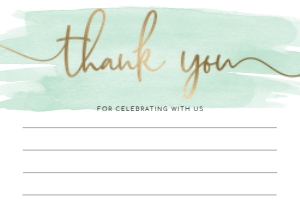 WAT-GRE-8-B486 - WATERCOLOUR GREEN - GOLD - THANK YOU FLAT CARD - A6: WAT-GRE-10-B598 - WATERCOLOUR GREEN - GOLD - BABY SHOWER GAMES BUNDLE
