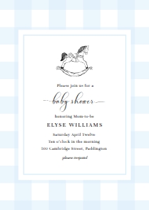GIN-BLU-1-B1502 - GINGHAM - BLUE - ROCKING HORSE BABY SHOWER INVITATION - 5" x 7": GIN-BLU-1-B1646 - GINGHAM - BLUE - ROCKING HORSE BABY SHOWER INVITATION SUITE