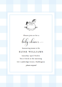 GIN-BLU-1-B1502 - GINGHAM - BLUE - ROCKING HORSE BABY SHOWER INVITATION - A6: GIN-BLU-1-B1646 - GINGHAM - BLUE - ROCKING HORSE BABY SHOWER INVITATION SUITE