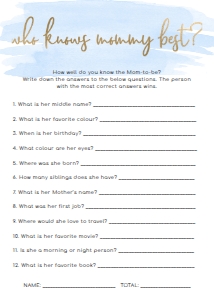 WAT-BLU-10-B423 - WATERCOLOUR BLUE - GOLD FOIL - WHO KNOWS MOMMY BEST GAME - 5" x 7": WAT-BLU-10-B598 - WATERCOLOUR BLUE - GOLD - BABY SHOWER GAMES BUNDLE